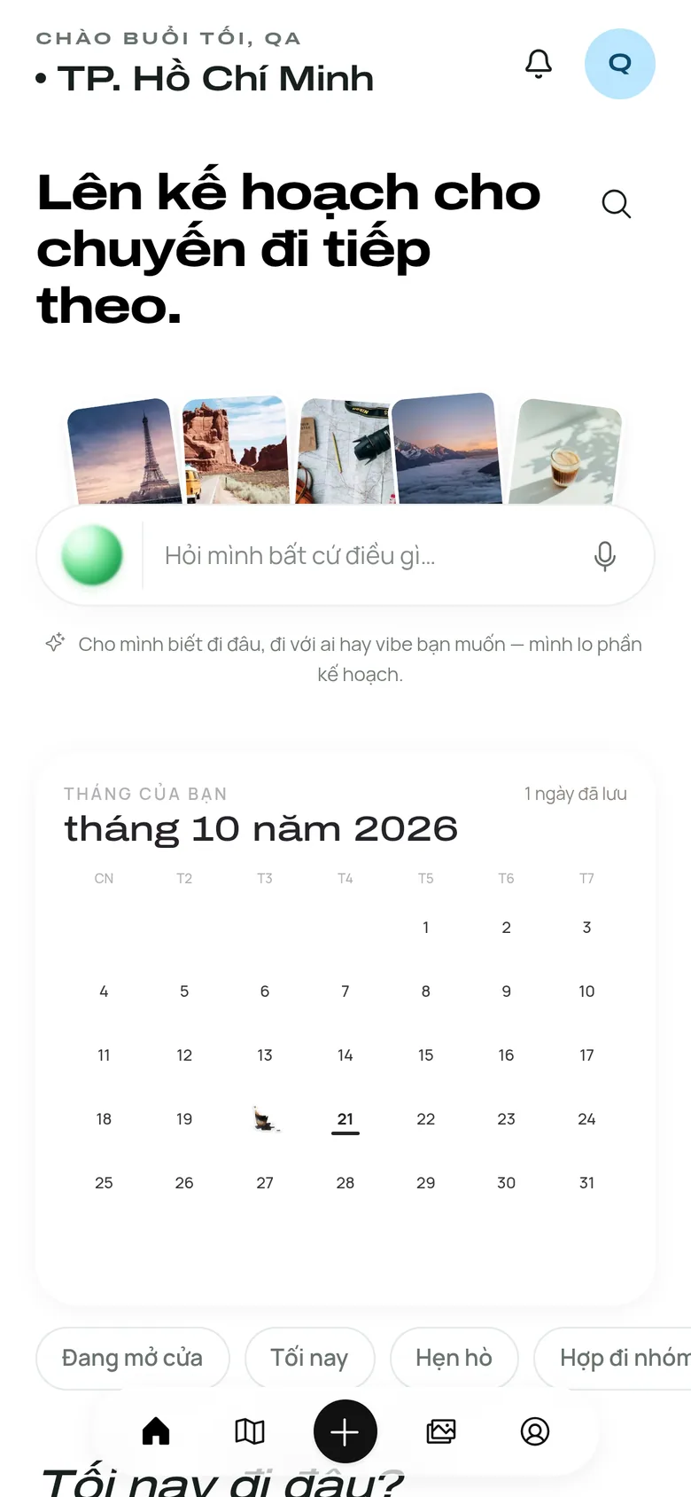 Màn hình chính GatherGO: lên kế hoạch cho chuyến đi tiếp theo