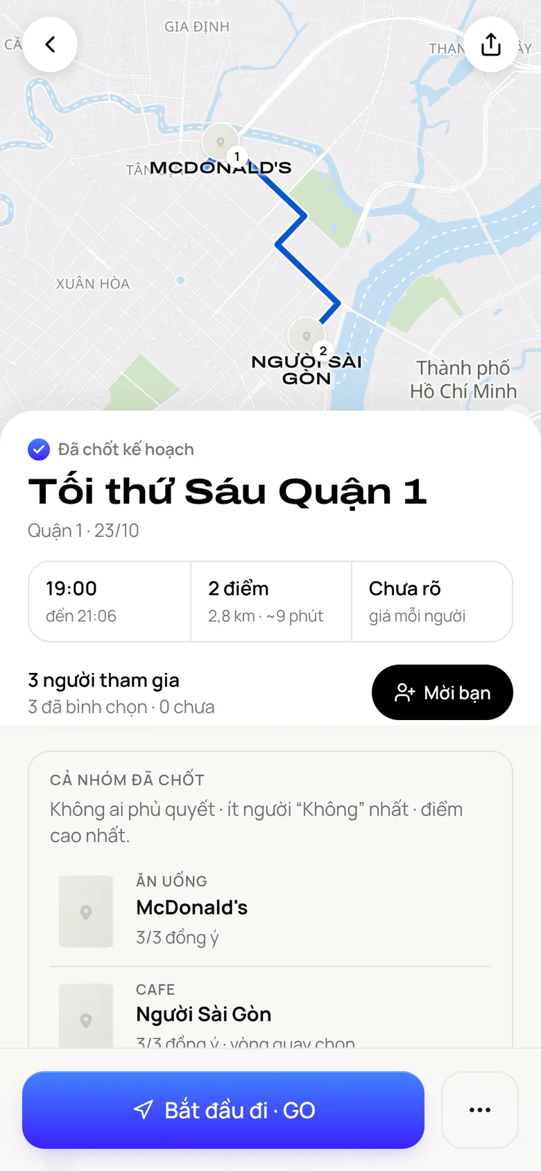 Kế hoạch đã chốt với bản đồ lộ trình và nút Bắt đầu đi